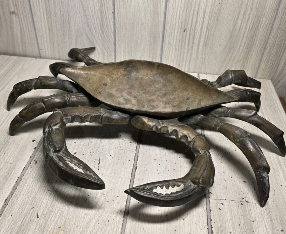 Vtg Solid Brass Articulated Crab Dish Large Trinket Dish Fruit Bowl 18"x10 Uniqe